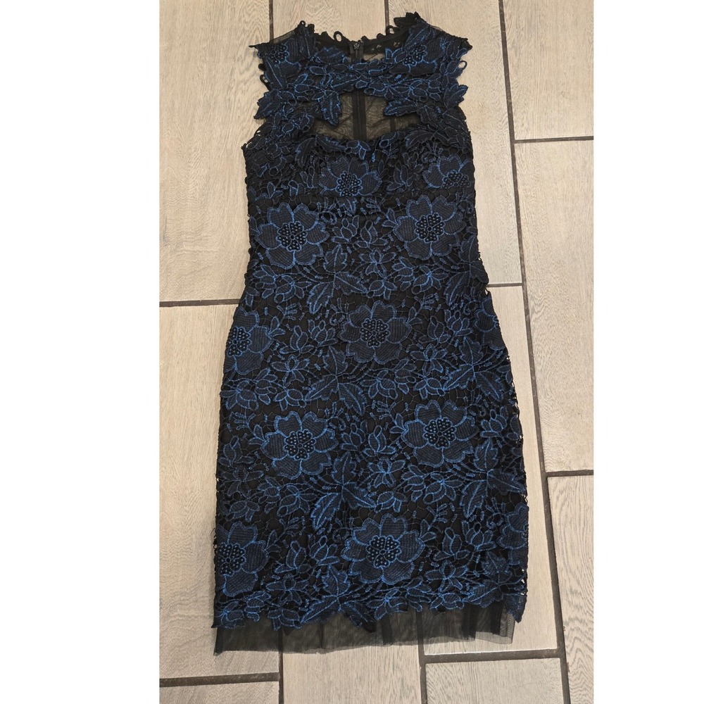 Betsy & Adam Blue Black Floral Lace Mesh Cut Out Cocktail Dress A15444 Size 4